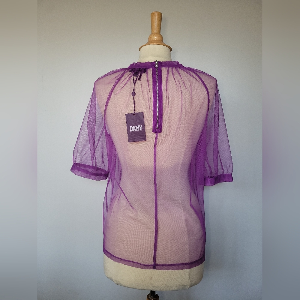 NWT! DKNY Purple Sheer Tulle Overlay Puffy Sleeve Blouse Top SZ M - Picture 5 of 8